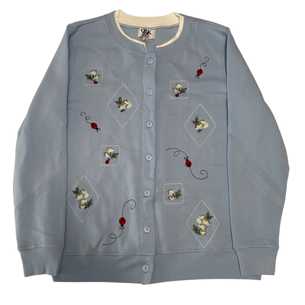 Vtg Women's Whimsical Floral Embroidered Ladybug Cardigan M Cottagecore Grandma